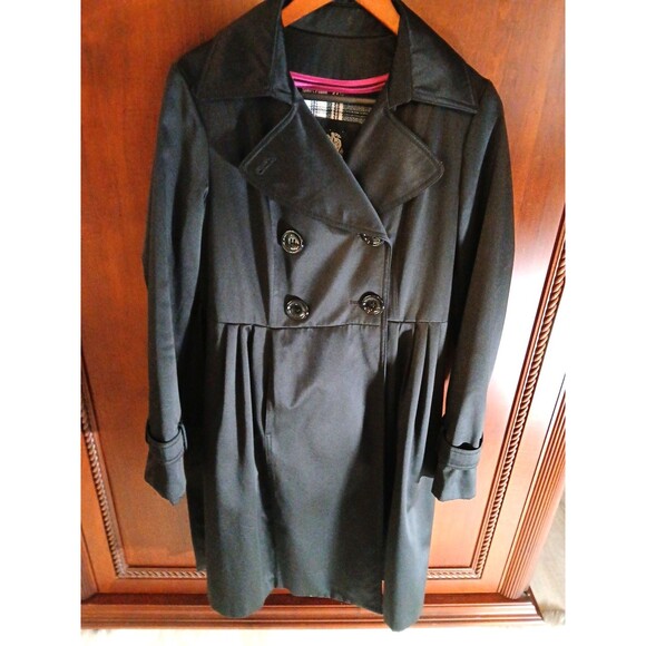 ESPRIT Women Size M Black Belted Pea Coat Wool Blend Interior Large Logo Buttons - Picture 3 of 16
